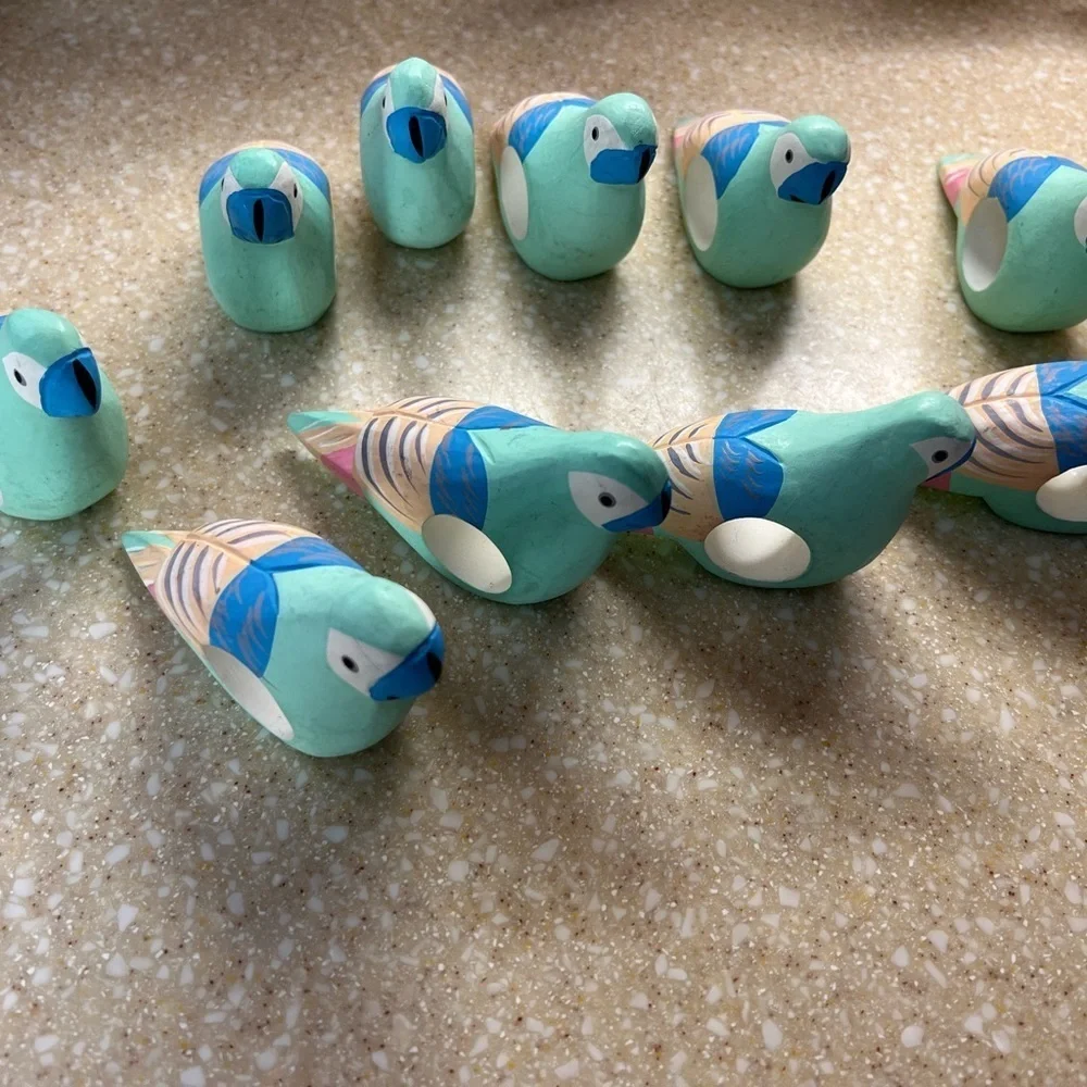 10 Parrot Napkin Ring Holders Wooden Teal, Pink and Blue Tropical